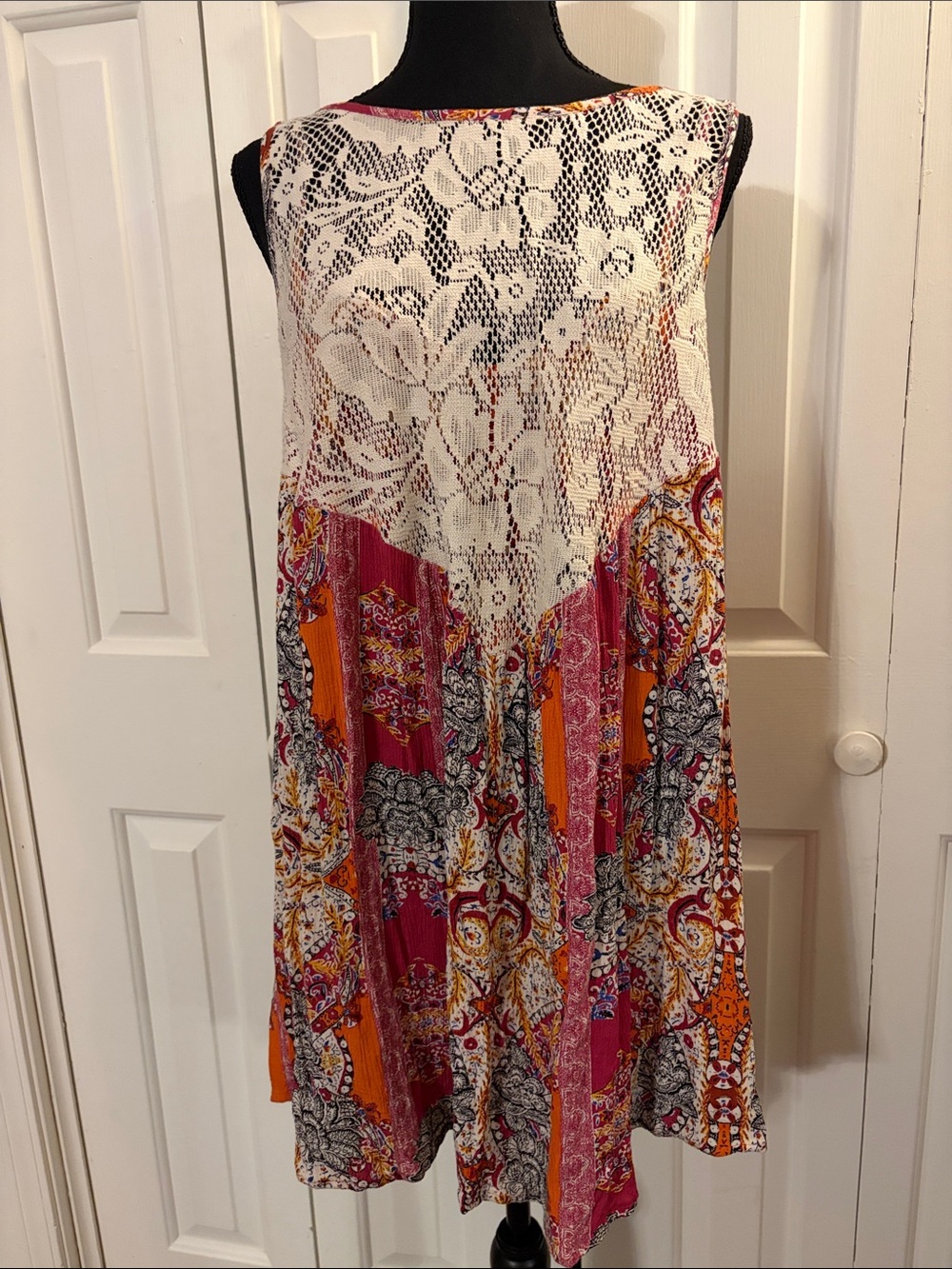 Free People Cream Lace & Pink Orange Patchwork Mini Dress